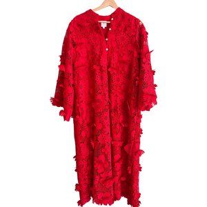 J. Marie Seraphina Floral Long Sleeve 3D Lace Mandarin Collar Midi Dress Large